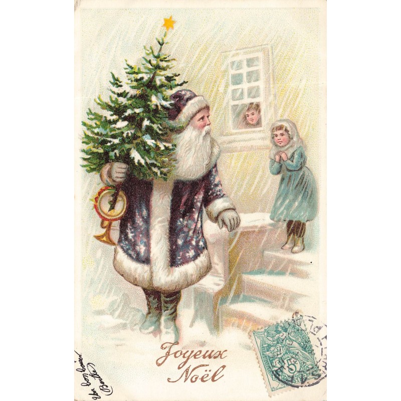 n°28673 - Joyeux Noël - Père Noël apportant un sapin à une fillette sur un perron sous la neige