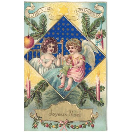 n°28674 - Carte Gaufrée - Joyeux Noël - Ange jouant avec une poupée et une fillette