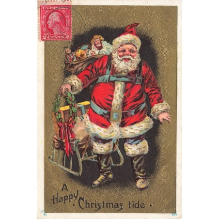 n°28676 - Carte Gaufrée - A Happy Christmas Tide - Père Noël tirant des jouets à l'aide d'un traîneau