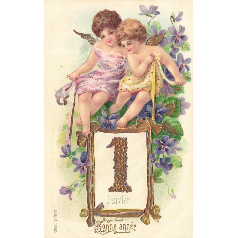 n°28679 - Carte Gaufrée - MSIB 13560 - Bonne Année - Anges assis parmi des violettes au-dessus d'un éphéméride
