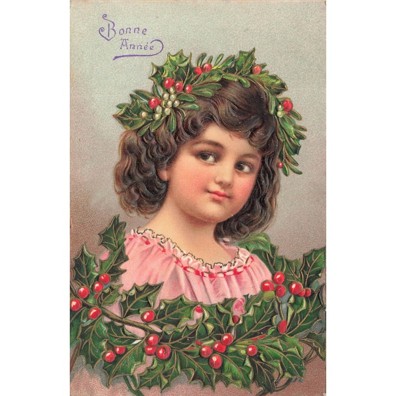 n°28682 - Carte Gaufrée - Bonne Année - Jeune fille portant une couronne de houx et de gui dans les cheveux