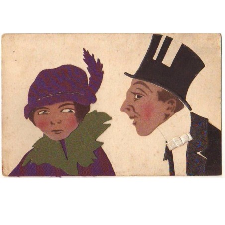 n°13477 - Carte Gaufrée - Couple en tenue de soirée en tissu