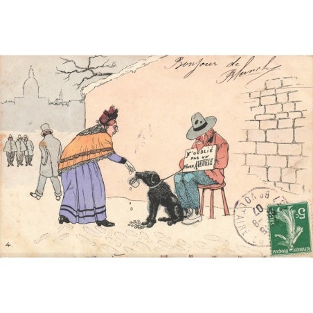 n°28685 - Illustrateur - N'oublié pas un pôvre aveugle - Femme donnant de l'argent à un chien d'aveugle