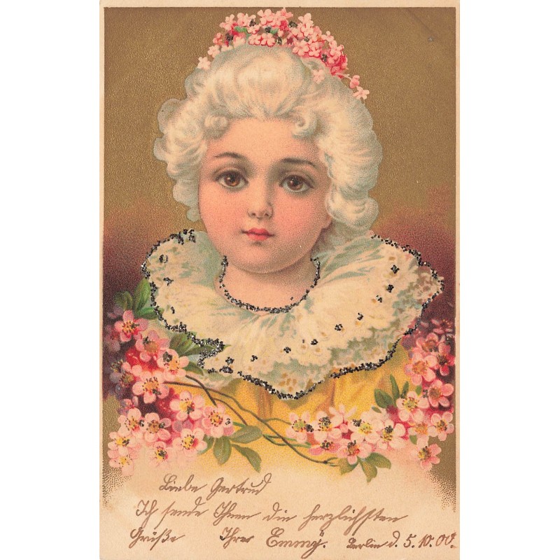 n°28697 - Carte avec paillettes - Clapsaddle - Jeune fille portant une couronne de fleurs