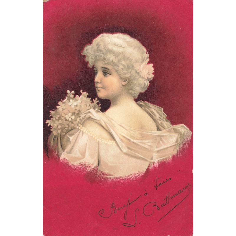 n°28699 - Fantaisie - Clapsaddle - Jeune femme de dos tenant un bouquet de fleurs - Fond rouge