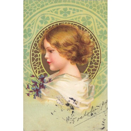 n°28700 - Fantaisie - Clapsaddle - Jeune fille de profil, avec des violettes