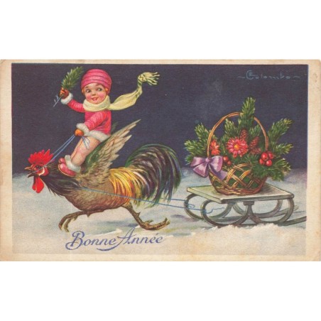 n°28704 - Illustrateur E. Colombo - Bonne Année - Enfant sur le dos d'un coq tirant une composition sur une luge