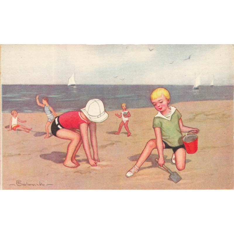 n°28706 - Illustrateur E. Colombo - Enfants jouant sur une plage