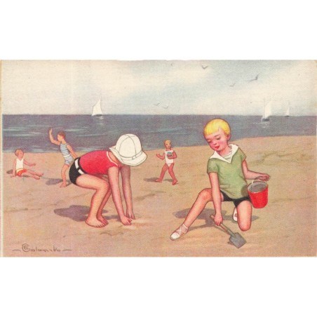 n°28706 - Illustrateur E. Colombo - Enfants jouant sur une plage