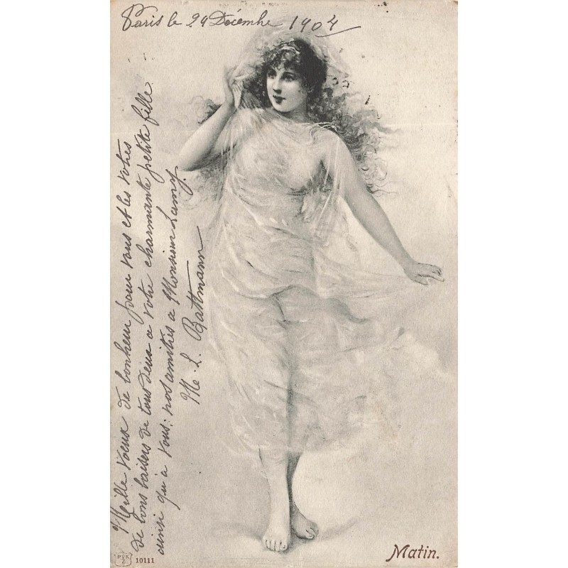 n°28712 - Nu Dessin - Matin - Dessin d'une femme nue portant un simple voile