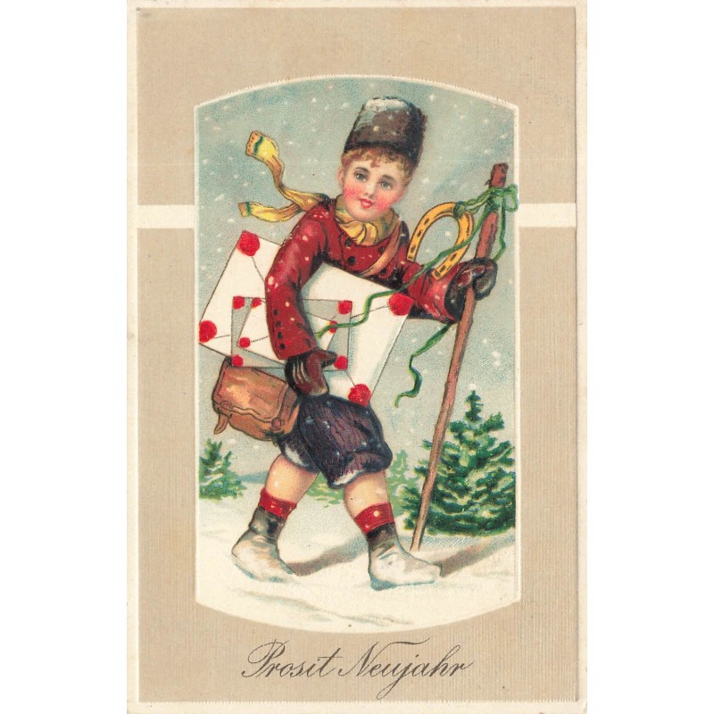 n°28717 - Carte Gaufrée - Prosit Neujahr - Jeune homme marchant dans la neige et portant des lettres