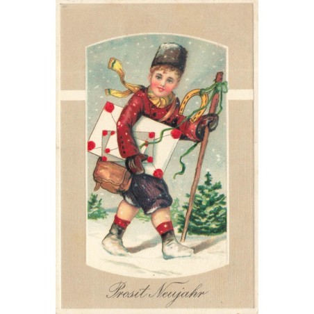 n°28717 - Carte Gaufrée - Prosit Neujahr - Jeune homme marchant dans la neige et portant des lettres