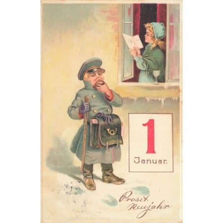 n°28718 - Carte Gaufrée - Prosit Neujahr - Jeune garçon apportant des lettres, jeune fille lisant une lettre