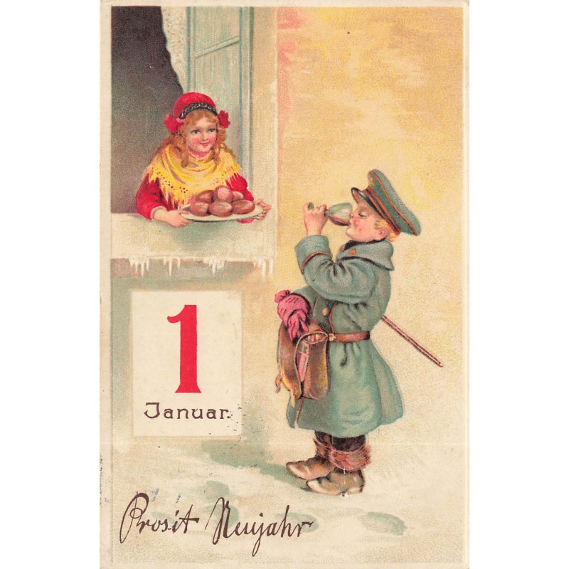 n°28719 - Carte Gaufrée - Prosit Neujahr - Jeune garçon buvant un verre, jeune fille lui offrant des gateaux