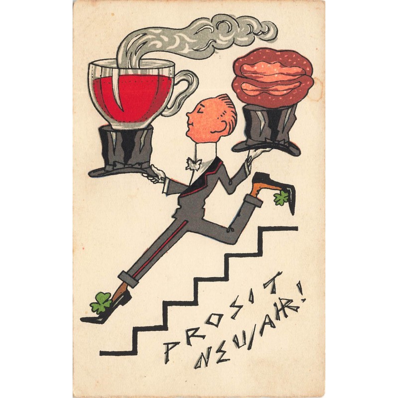n°28720 - Nouvel An - Prosit Neujahr - Homme portant une tasse à l'aide de chapeau haut de forme