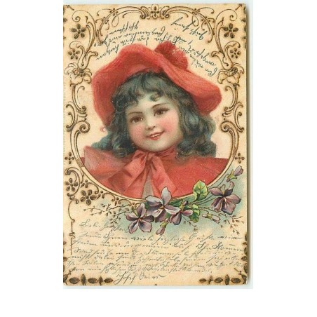 n°13483 - Portrait d'une fillette dans un médaillon avec des fleurs  (immitation bois)