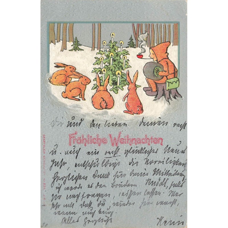 n°28724 - Carte Gaufrée - Caspari ? - Fröhliche Weihnachten - Homme fumant, et lapins autour d'un sapin