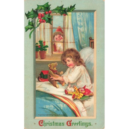 n°28725 - Carte Gaufrée - Brundage - Christmas Greetings - Fillette jouant avec son ours en peluche - Teddy bear