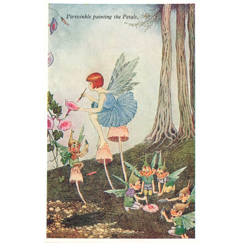 n°28729 - Elves andFairies - Periwinkle painting the Petals - Fée peignant des fleurs - champignons