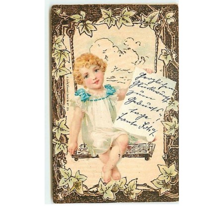 n°13484 - Enfants sur une balancoire tenant une lettre  (immitation bois)