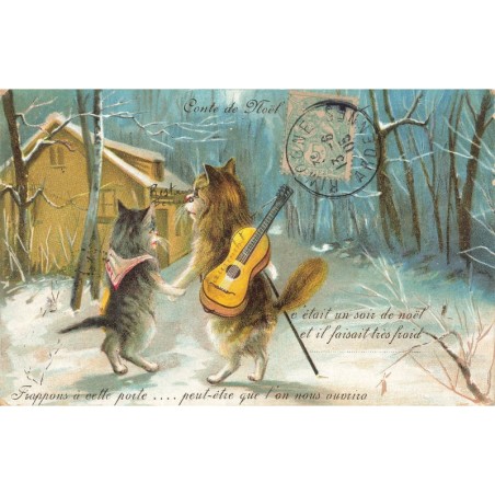 n°28735 - Illustrateur Boulanger - Conte de Noël - Chats s'approchant d'une maison dans la forêt