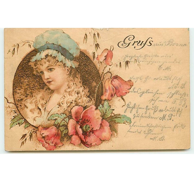 n°13486 - Portrait d'une jeune femme dans un médaillon avec des coquelicots  (immitation bois)