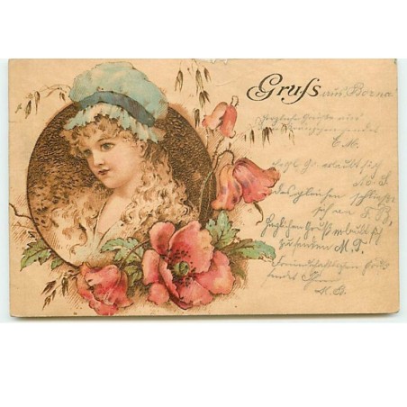 n°13486 - Portrait d'une jeune femme dans un médaillon avec des coquelicots  (immitation bois)