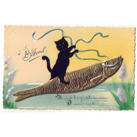 n°28752 - 1er Avril - Chat noir en feutrine, debout sur le dos d'un poisson