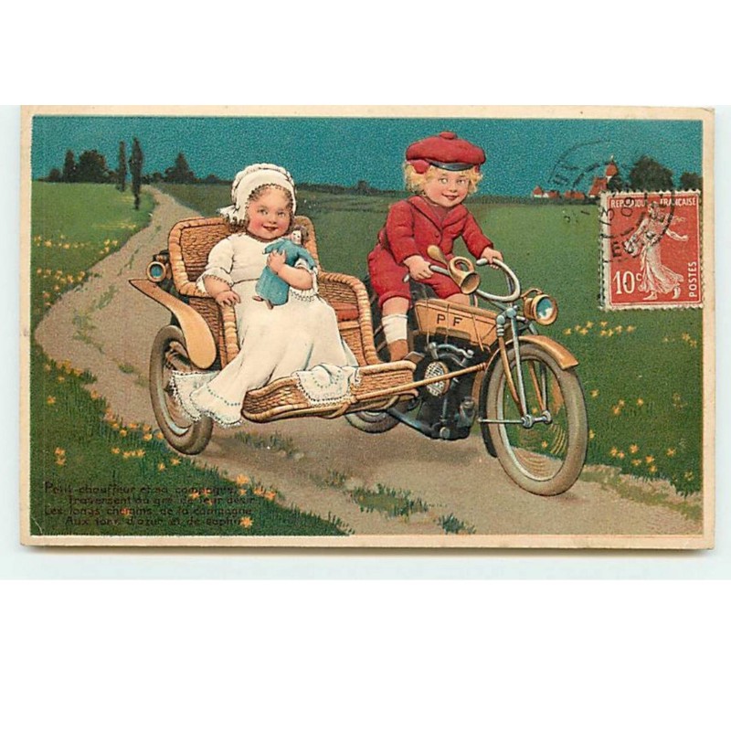 n°13495 - Carte Gaufrée- Flatscher - Enfants dans un side-car - moto