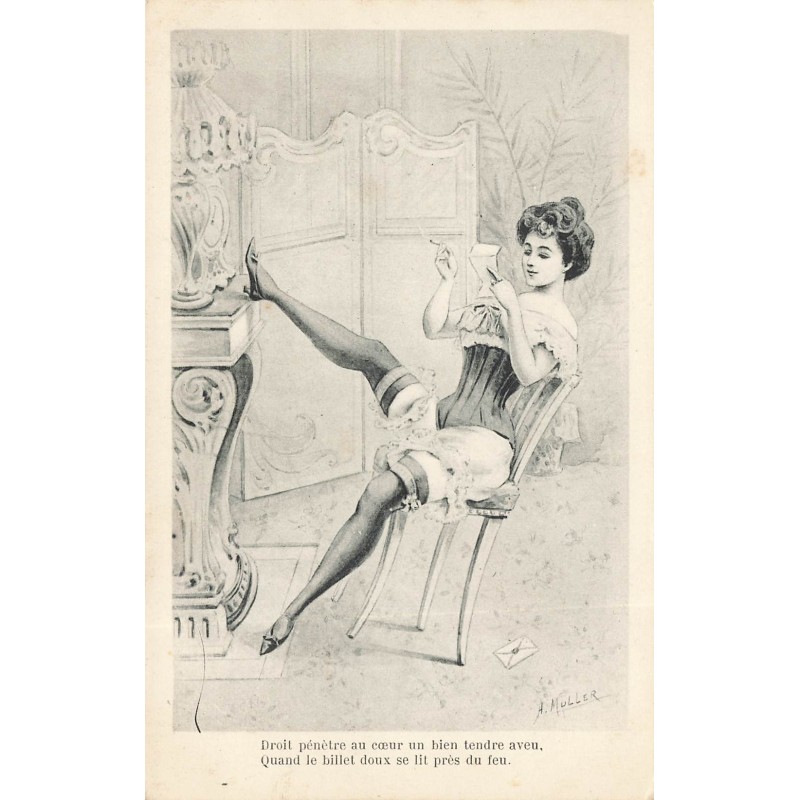 n°28768 - A. Muller - Droit pénètre au coeur un bien tendre aveu - Femme en deshabillé assise sur une chaise
