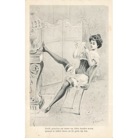 n°28768 - A. Muller - Droit pénètre au coeur un bien tendre aveu - Femme en deshabillé assise sur une chaise
