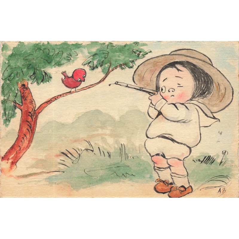 n°28772 - Carte Peinte à la Main - Jeune enfant prêt à tirer sur un oiseau