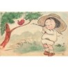 n°28772 - Carte Peinte à la Main - Jeune enfant prêt à tirer sur un oiseau