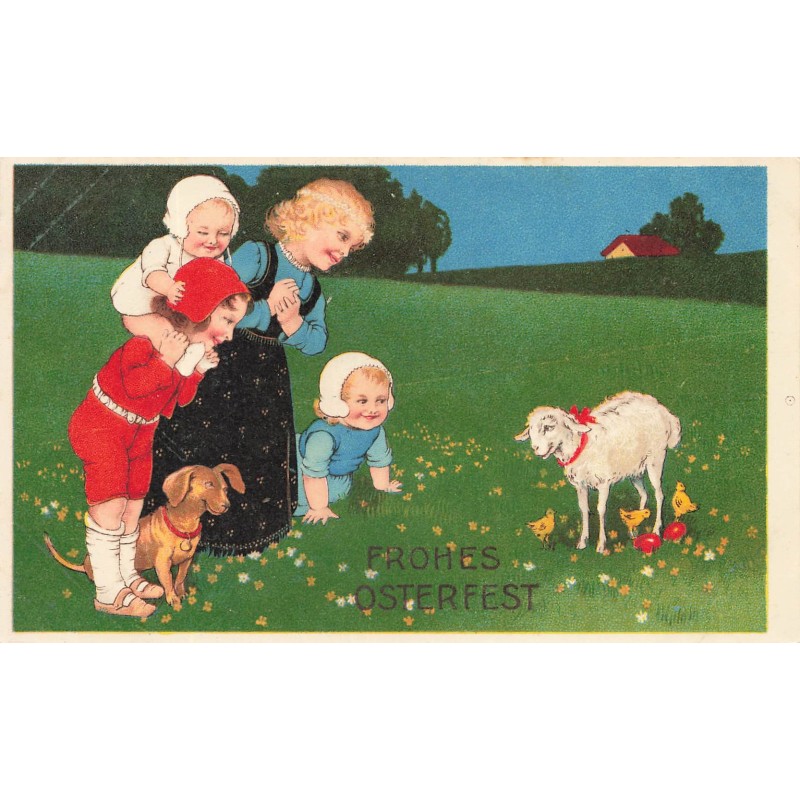 n°28775 - Flatscher - Frohes Osterfest - Enfants accompagnés d'un teckel admirant un mouton