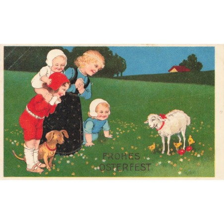 n°28775 - Flatscher - Frohes Osterfest - Enfants accompagnés d'un teckel admirant un mouton