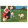 n°28775 - Flatscher - Frohes Osterfest - Enfants accompagnés d'un teckel admirant un mouton