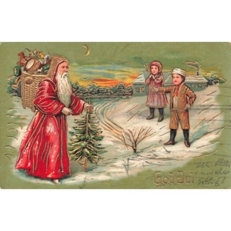 n°28776 - Carte Gaufrée - God Jul - Enfants accueillant le Père Noël