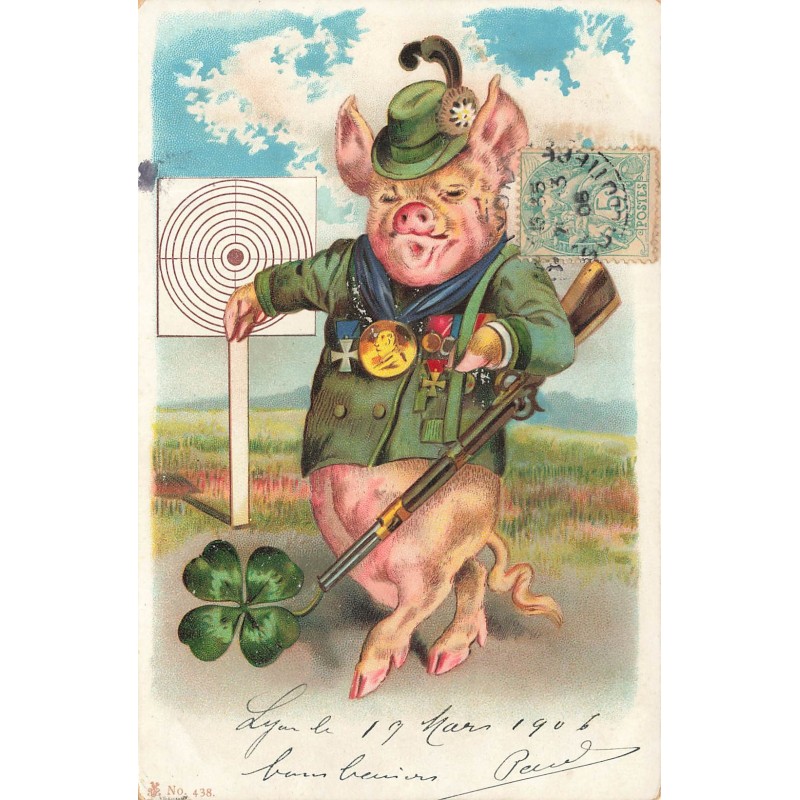 n°28780 - Fantaisie - Animaux habillés - Cochon habillé en chasseur - chasse