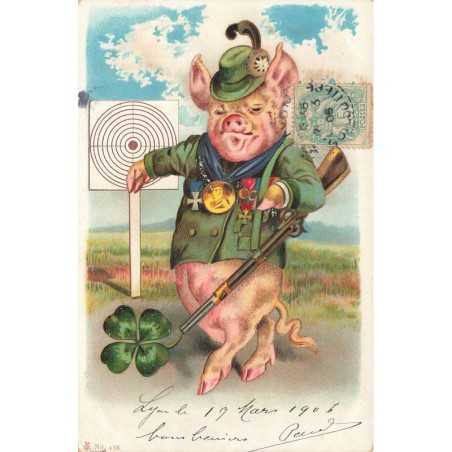 n°28780 - Fantaisie - Animaux habillés - Cochon habillé en chasseur - chasse