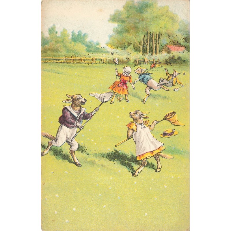 n°28781 - Fantaisie - Animaux habillés - Chèvres habillées chassant des papillons