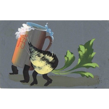 n°28783 - Carte peint à la Main - Céleri humanisé près d'une chope de bière