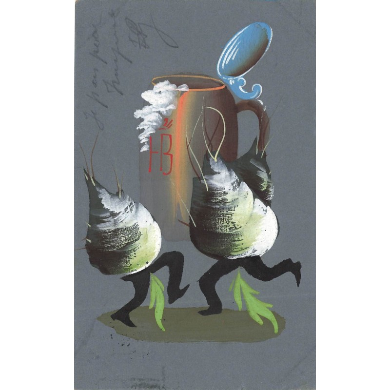 n°28784 - Carte peint à la Main - Céleris humanisés dansant près d'une chope de bière