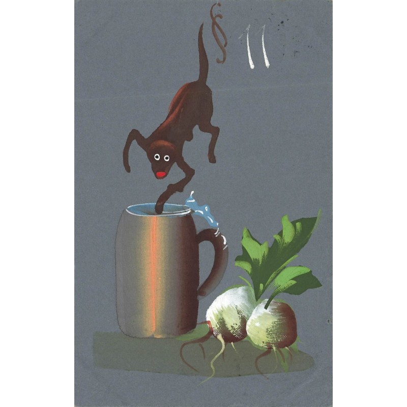 n°28785 - Carte peint à la Main - Céleris, et un singe près d'une chope de bière