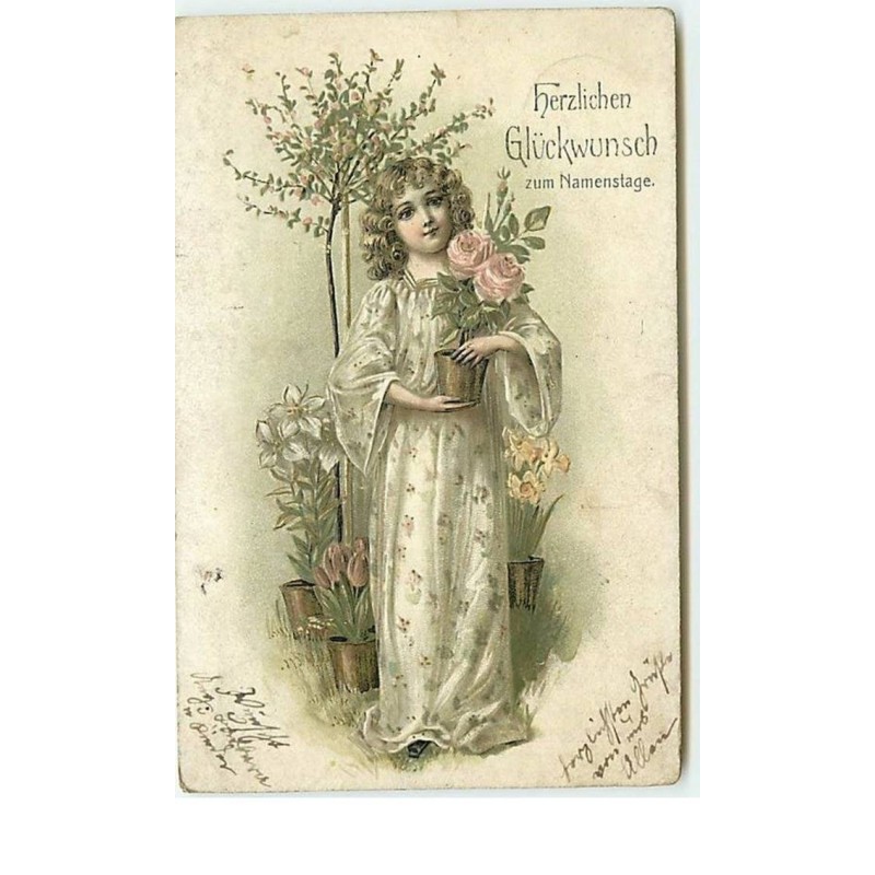 n°13499 - Carte Gaufrée - Herzlichen Glückwunsch zum Namenstage - Jeune fille portant un rosier