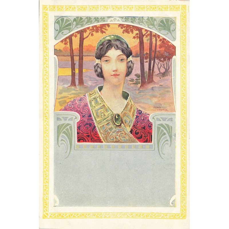 n°28809 - Illustrateur - Lessieux - Portrait d'une femme dans une forêt