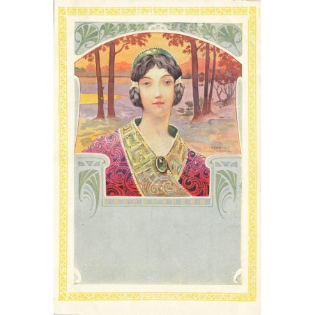 n°28809 - Illustrateur - Lessieux - Portrait d'une femme dans une forêt