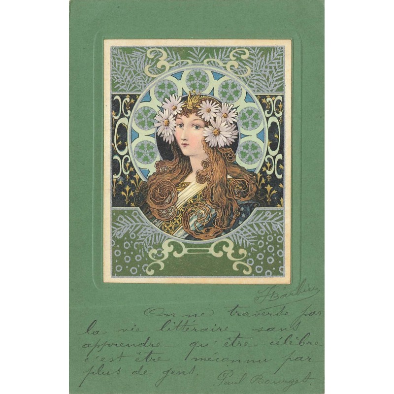 n°28811 - Fantaisie - Portrait d'une femme aux cheveux longs et portant des marguerites dans les cheveux - Art Nouveau