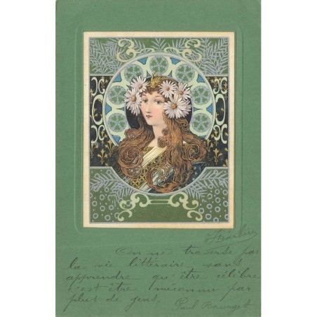 n°28811 - Fantaisie - Portrait d'une femme aux cheveux longs et portant des marguerites dans les cheveux - Art Nouveau