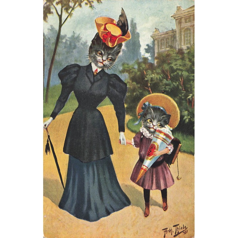 n°28815 - Illustrateur - Arthur Thiele - Chats habillés - Une maman se promenant avec sa fille