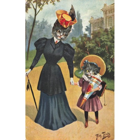 n°28815 - Illustrateur - Arthur Thiele - Chats habillés - Une maman se promenant avec sa fille